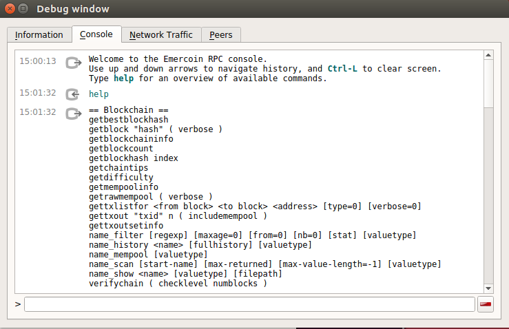 The debug console in the emercoin-qt GUI