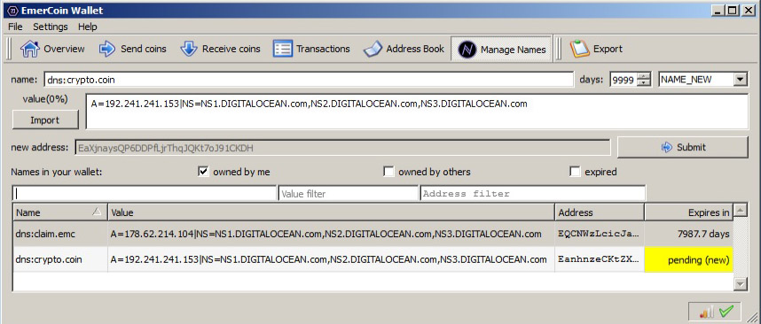 Emercoin's 'Manage Names' tab.